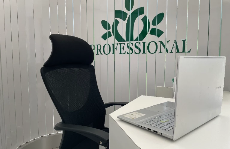 Krzesło biurowe, biurko, laptop